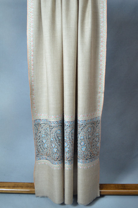 Un Dyed Natural Big Border Embroidery Cashmere Pashmina Shawl