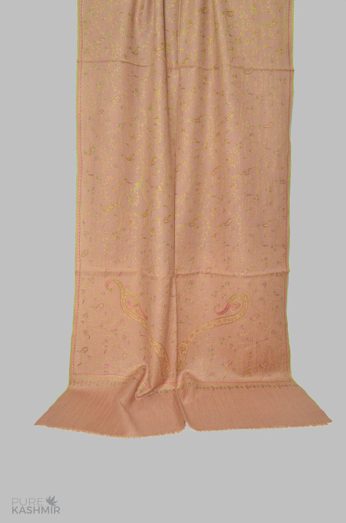 Brown Jali Merino Sozni Hand Embroidery Scarf