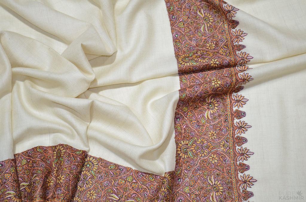 Ivory Cashmere Pashmina Shawl with Intricate Big Border
