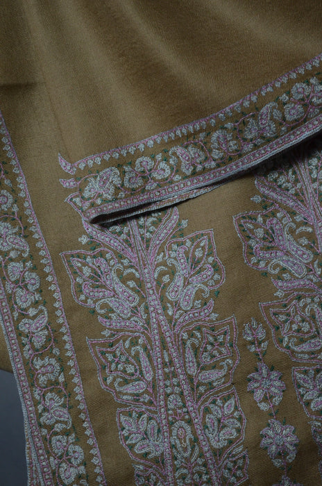Olive Big Border Embroidery Cashmere Pashmina Shawl