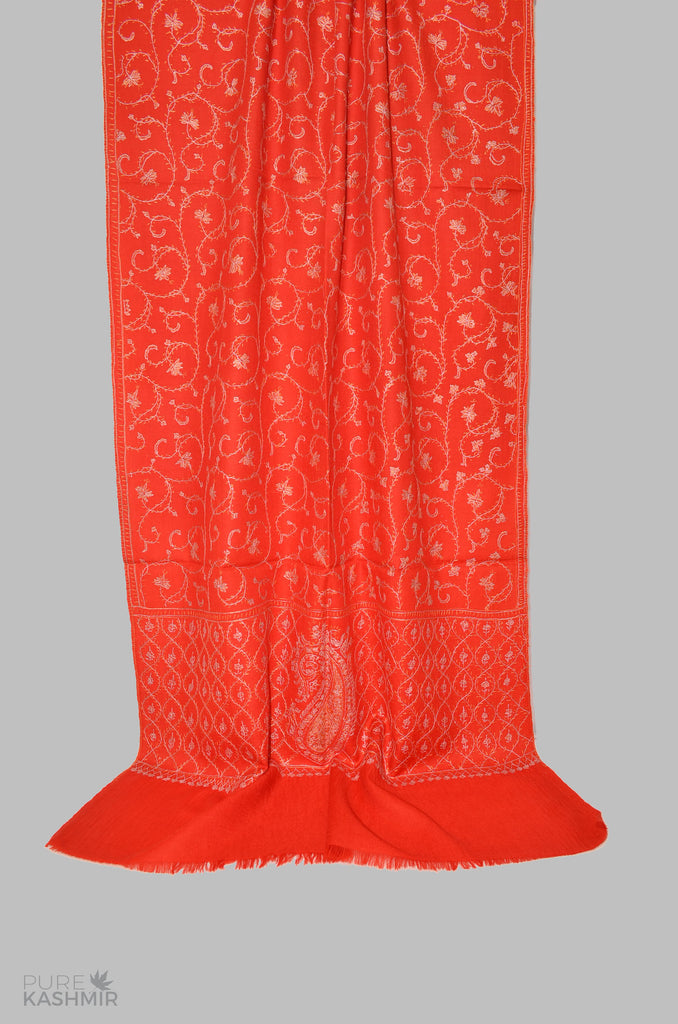 Red Jali Merino Sozni Hand Embroidery Scarf