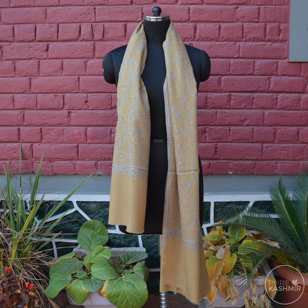 Beige Kashmir Sozni Embroidery Wool Scarf