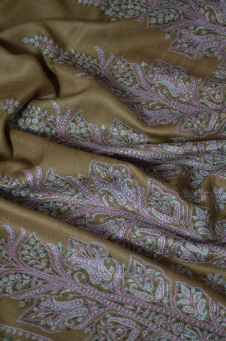 Olive Big Border Embroidery Cashmere Pashmina Shawl