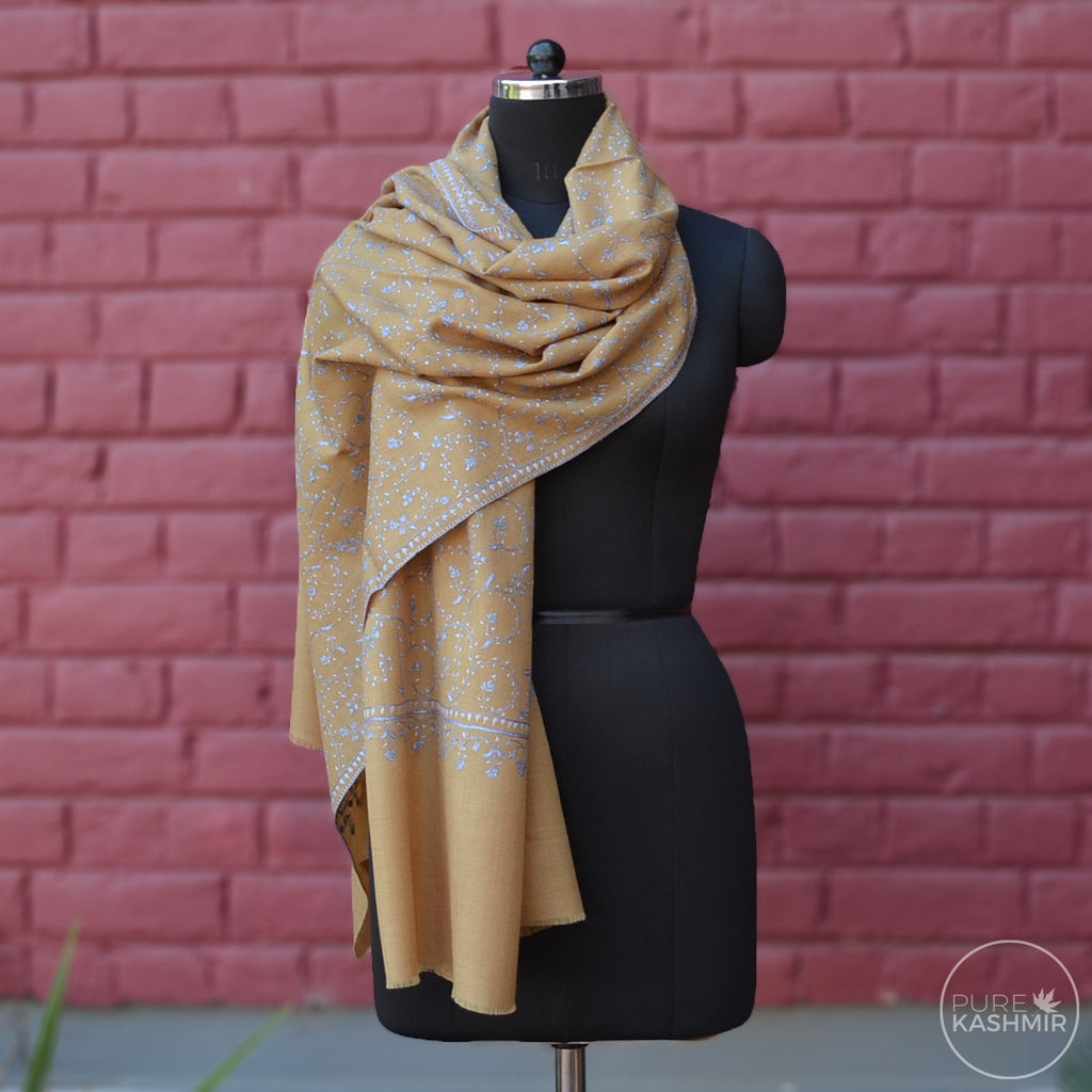 Beige Kashmir Sozni Embroidery Wool Scarf