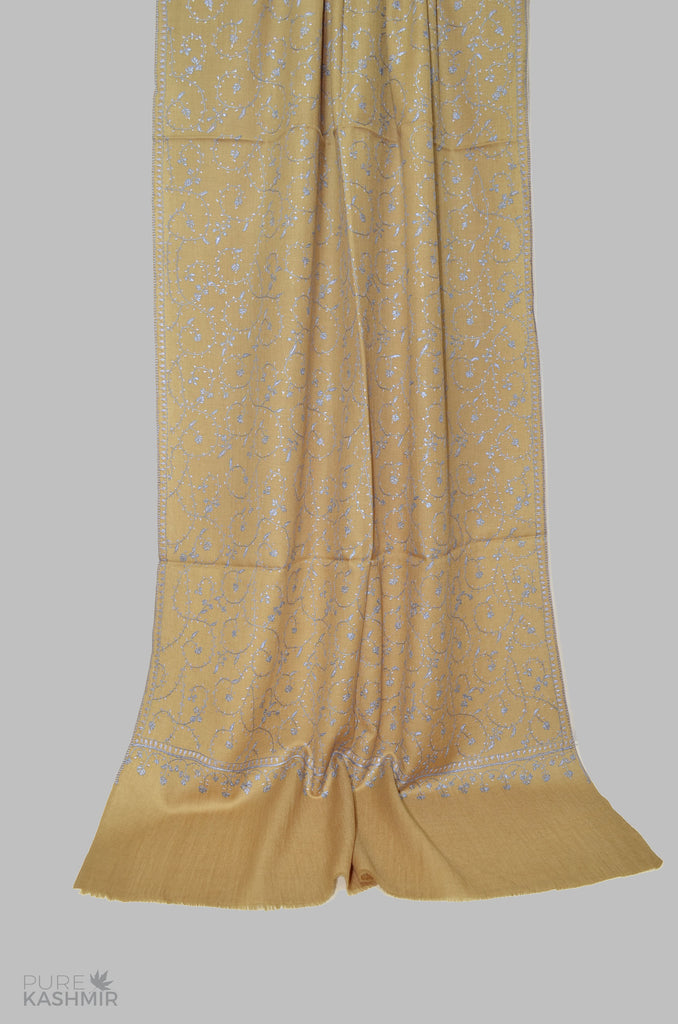 Tan Brown Merino Sozni Hand Embroidery Scarf