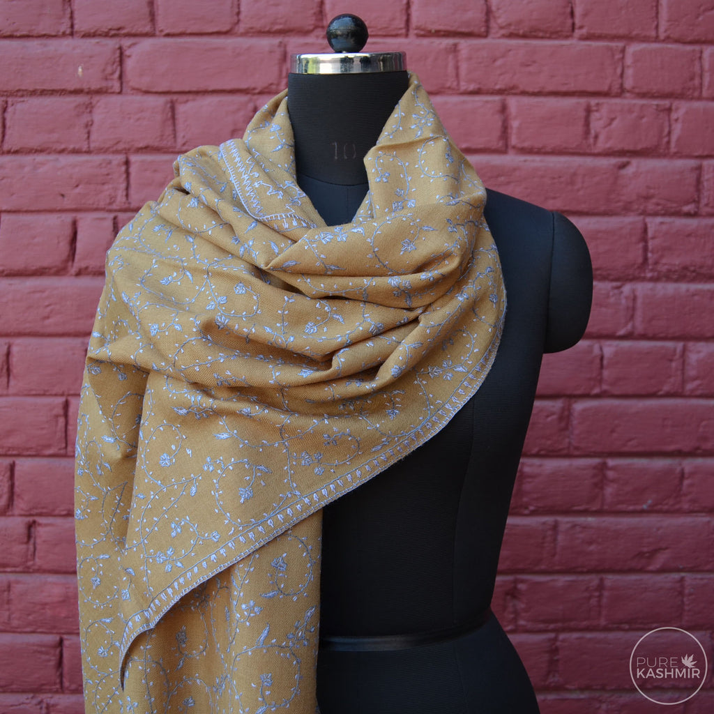 Beige Kashmir Sozni Embroidery Wool Scarf