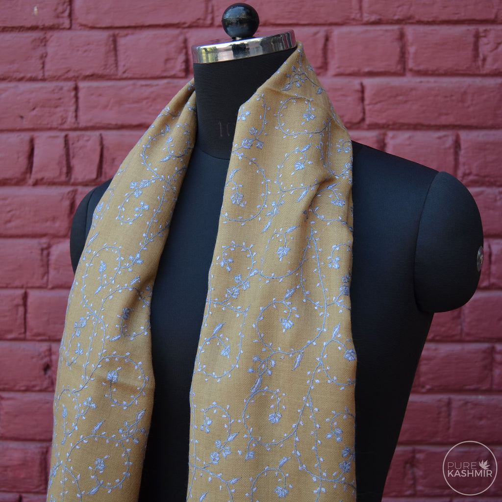 Beige Kashmir Sozni Embroidery Wool Scarf