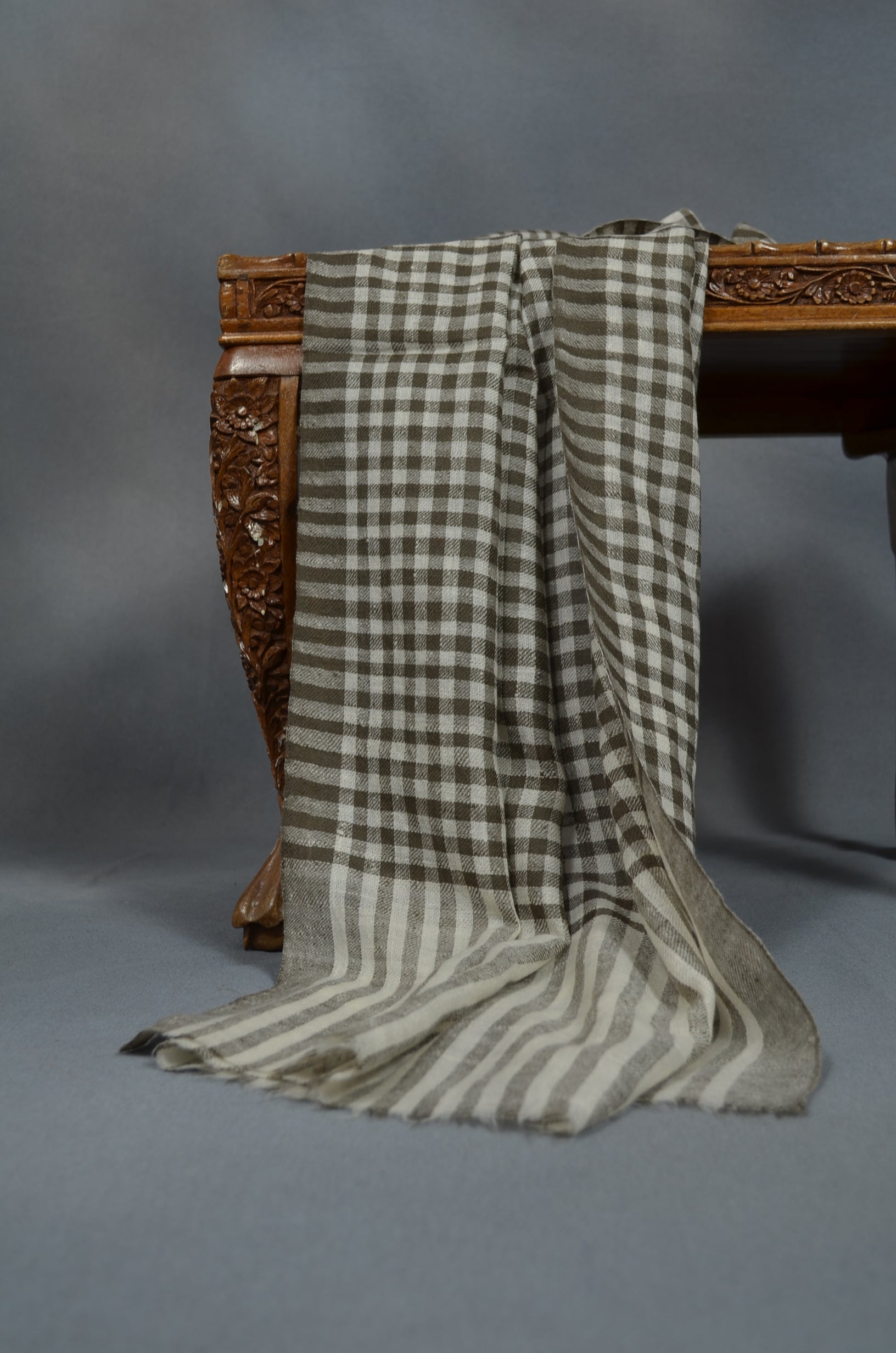 Ivory & Natural Small Check Handwoven Cashmere Pashmina Scarf