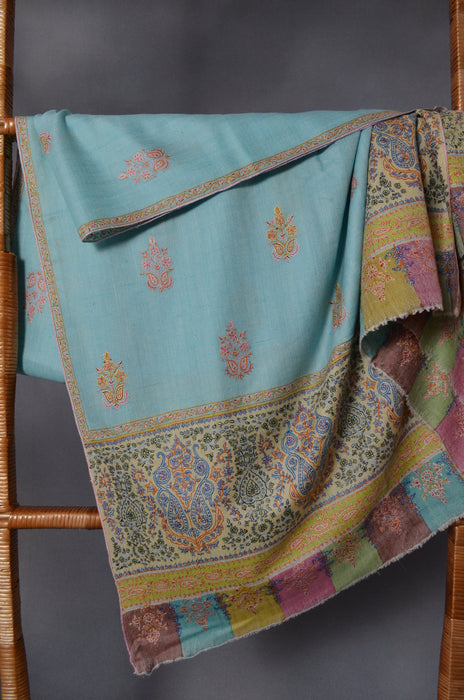Sea Green Big Border & Motif Embroidery Cashmere Pashmina Shawl