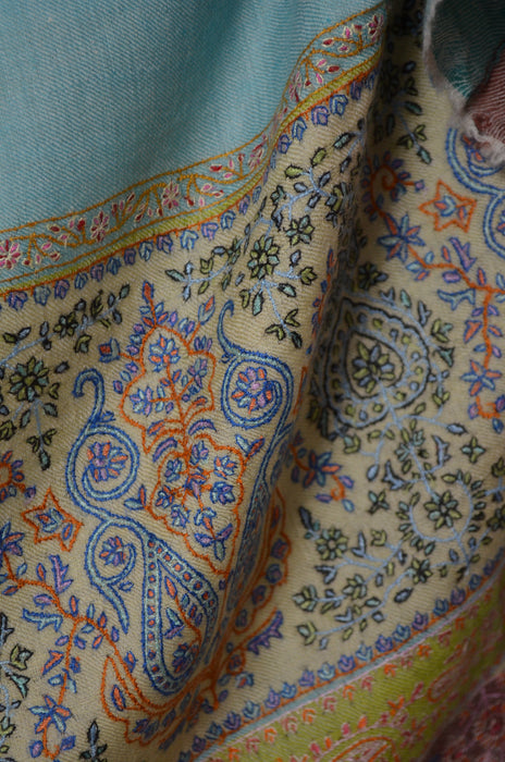 Sea Green Big Border & Motif Embroidery Cashmere Pashmina Shawl