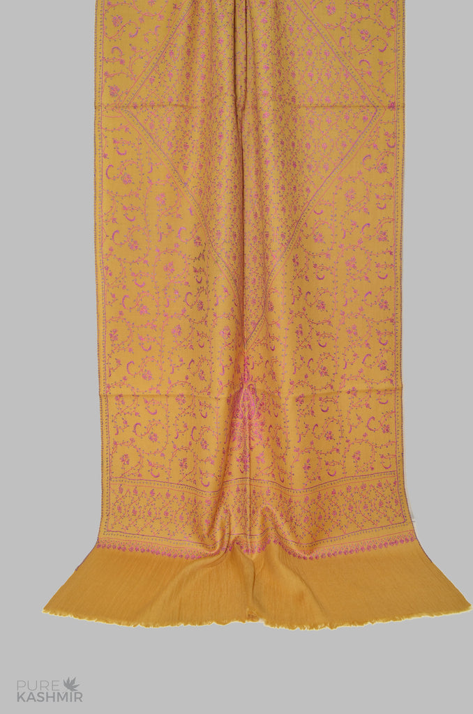 Honey Yellow Merino Sozni Hand Embroidery Scarf