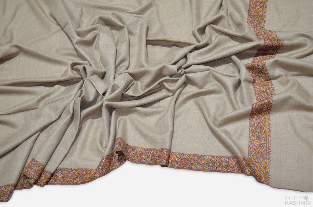 Un-dyed Natural Brown Pashmina Shawl with Beautifully  Crafted Border