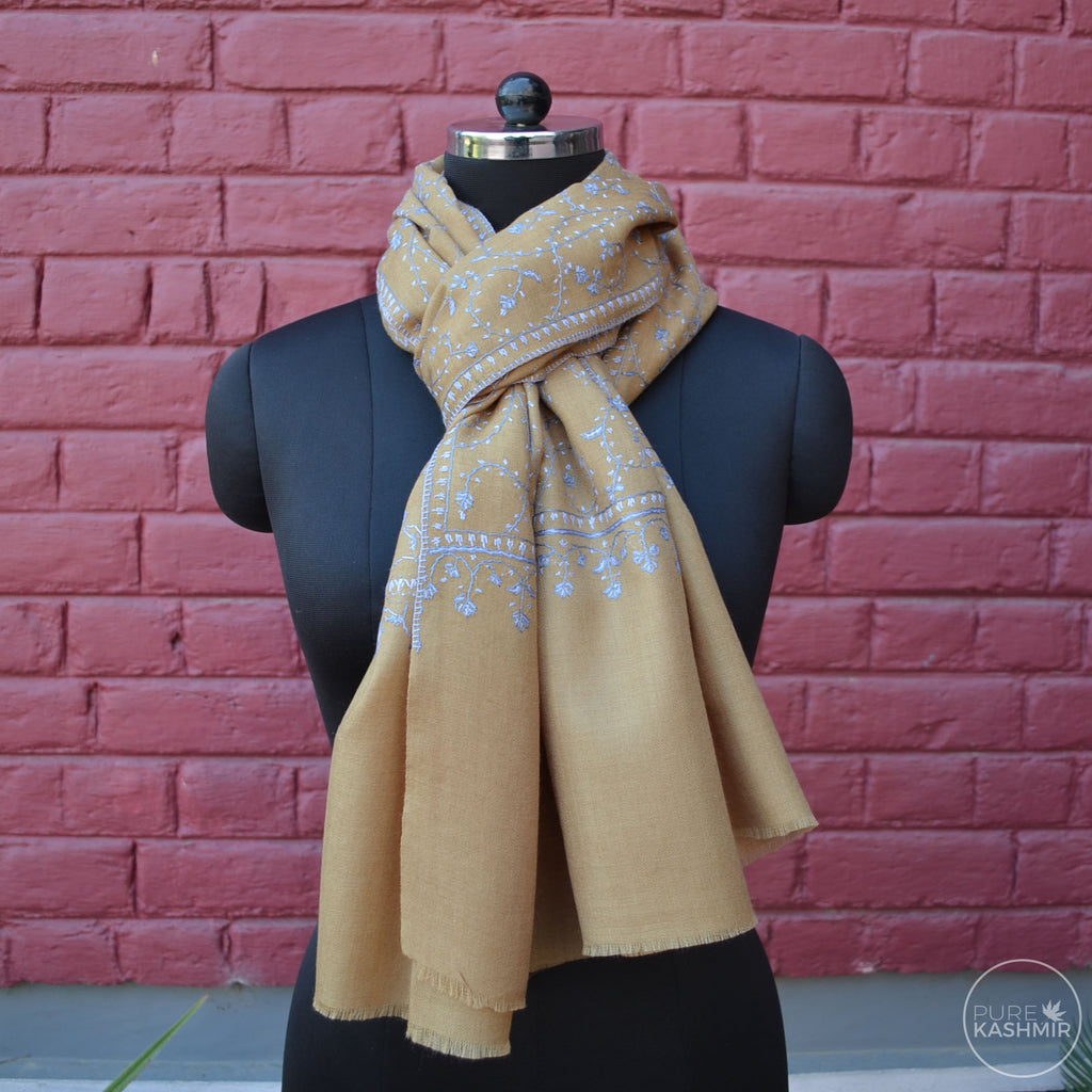 Beige Kashmir Sozni Embroidery Wool Scarf