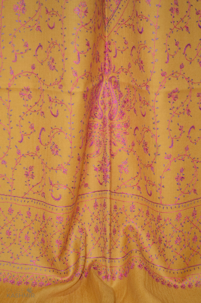Honey Yellow Merino Sozni Hand Embroidery Scarf
