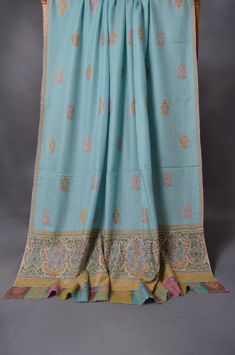 Sea Green Big Border & Motif Embroidery Cashmere Pashmina Shawl
