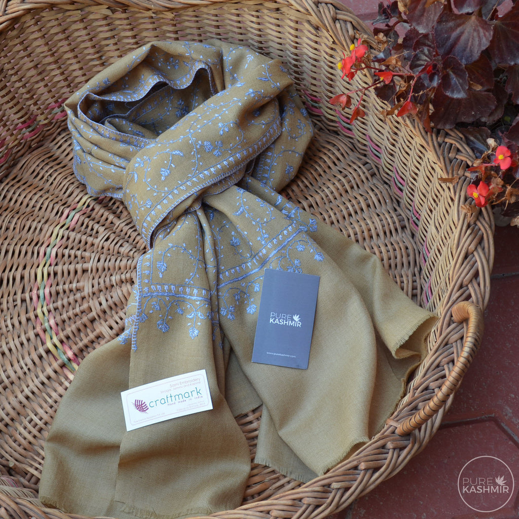 Beige Kashmir Sozni Embroidery Wool Scarf