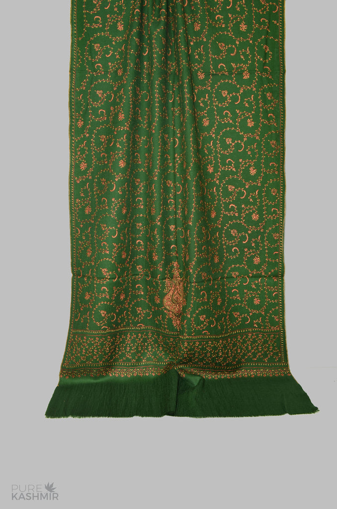 Bottle Green Merino Sozni Hand Embroidery Scarf
