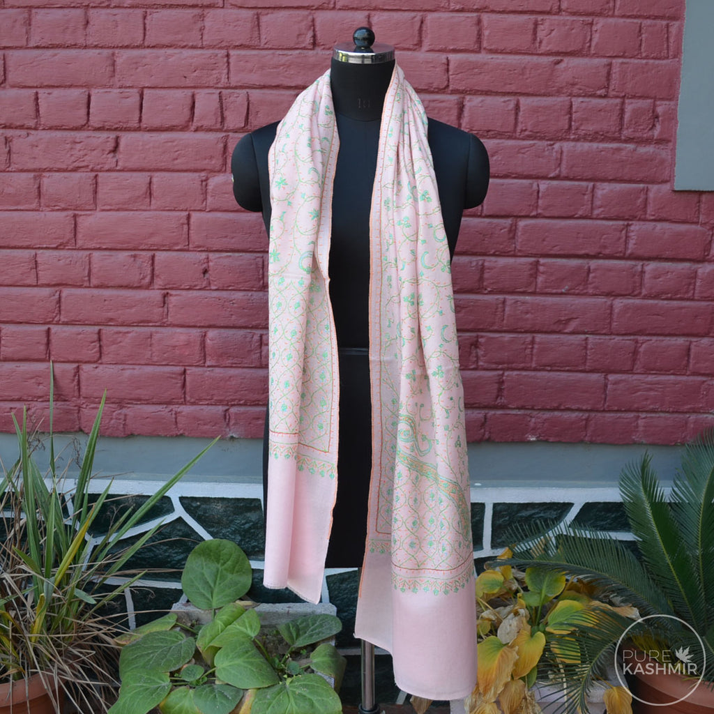 Baby Pink Kashmir Sozni Embroidery Wool Scarf