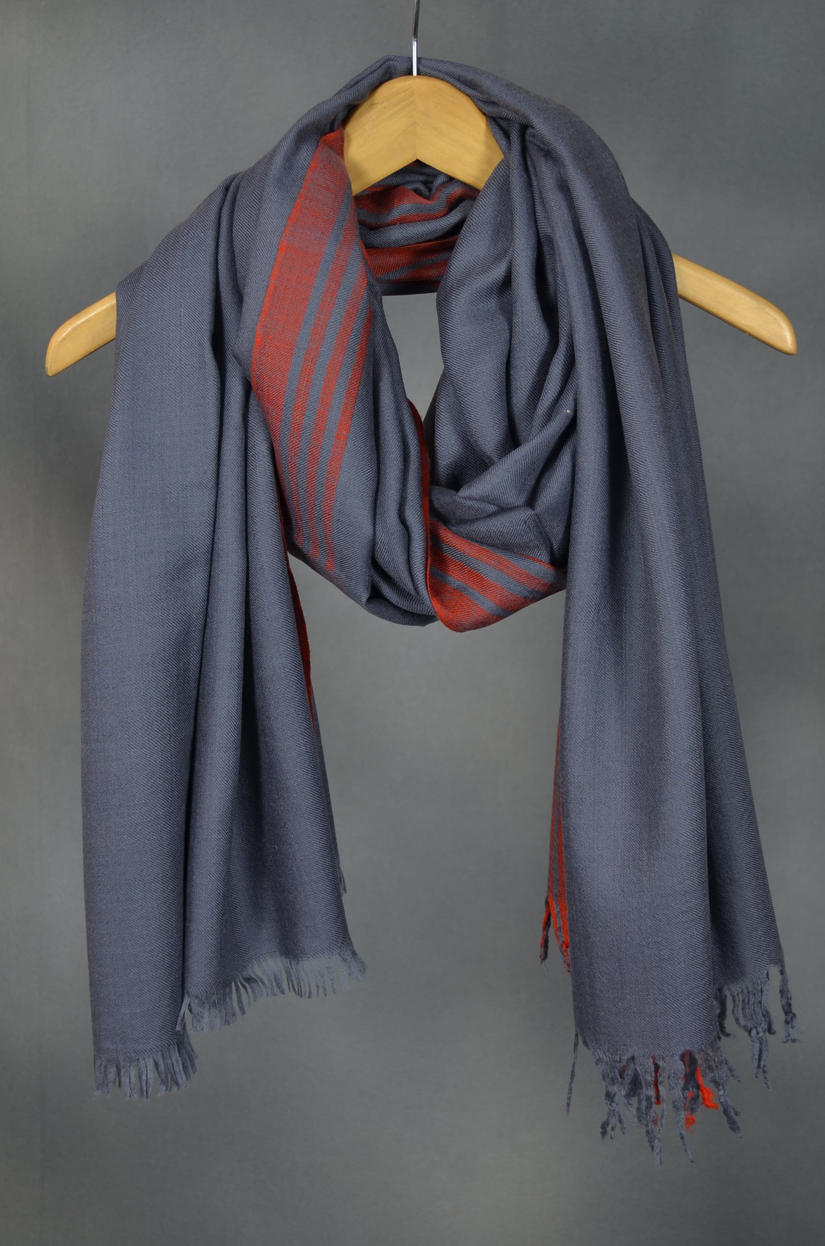 Grey & Red Striped Handwoven Cashmere Pashmina Shawl
