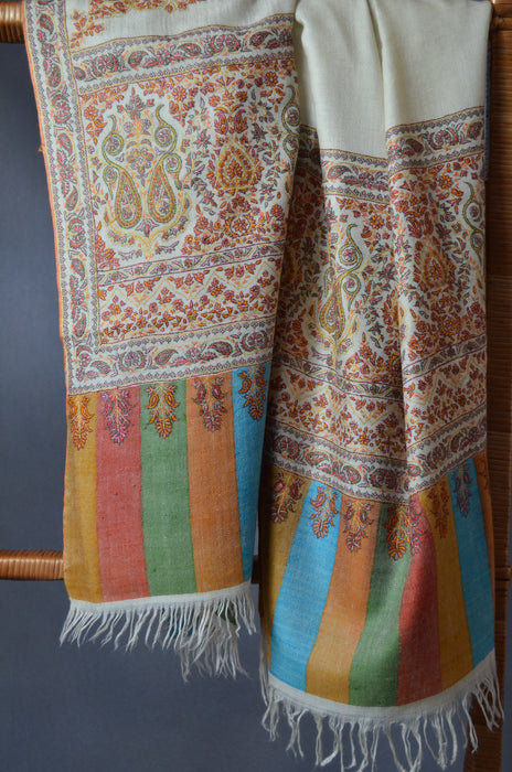 Ivory Big Border Embroidery Cashmere Pashmina Shawl