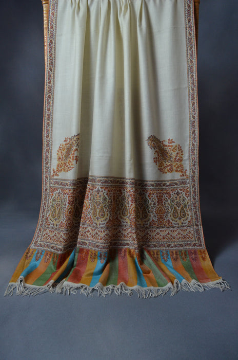 Ivory Big Border Embroidery Cashmere Pashmina Shawl
