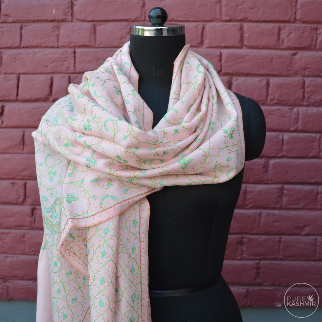 Baby Pink Kashmir Sozni Embroidery Wool Scarf