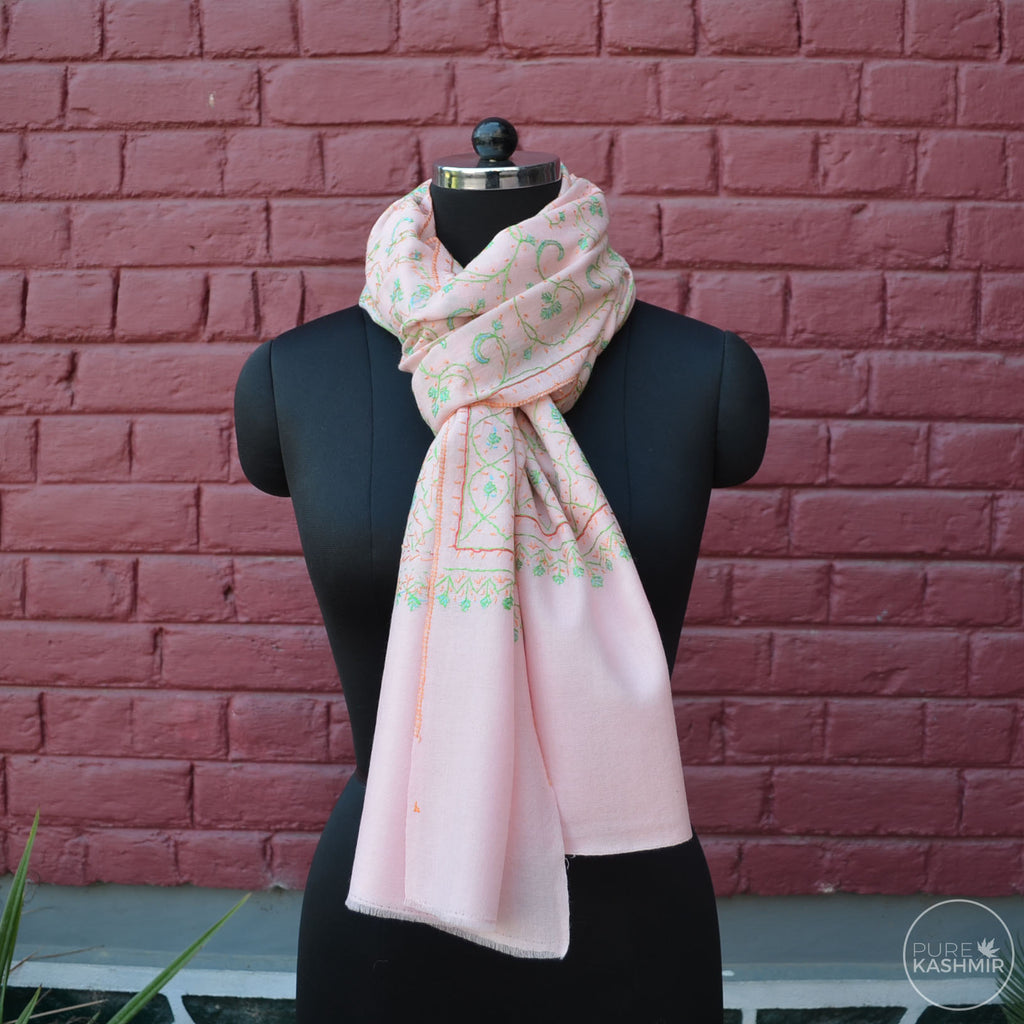 Baby Pink Kashmir Sozni Embroidery Wool Scarf