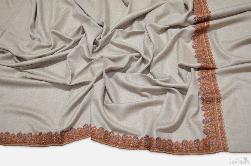 Un-dyed Natural Brown Pashmina Shawl with Beautifully Crafted Border