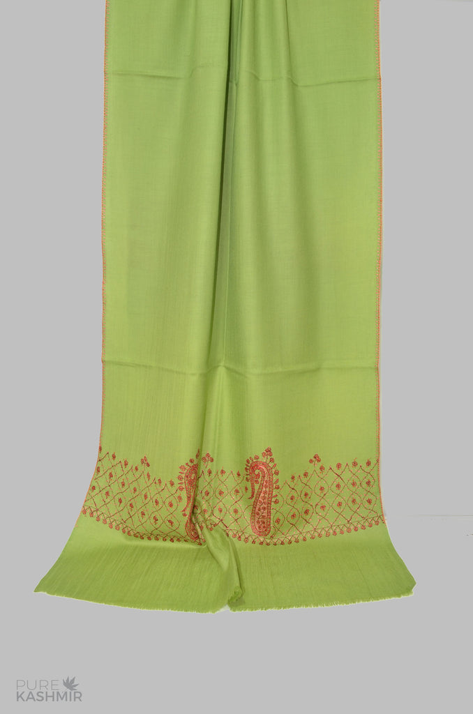 Pear Green Merino Sozni Hand Embroidery Scarf