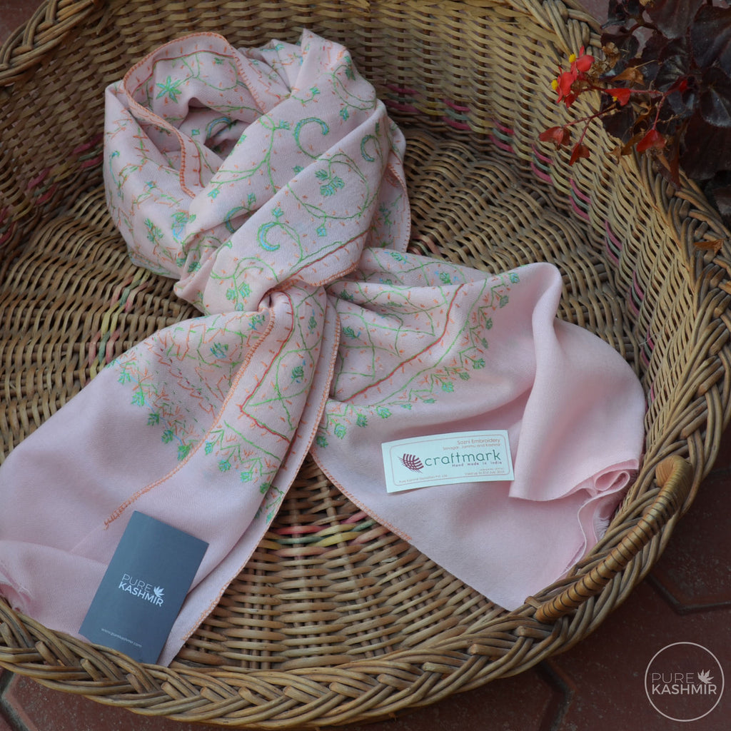 Baby Pink Kashmir Sozni Embroidery Wool Scarf