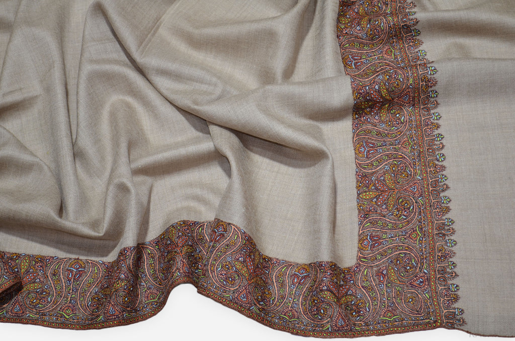 Un-dyed Natural Brown Cashmere Pashmina Shawl with Intricate Big Border
