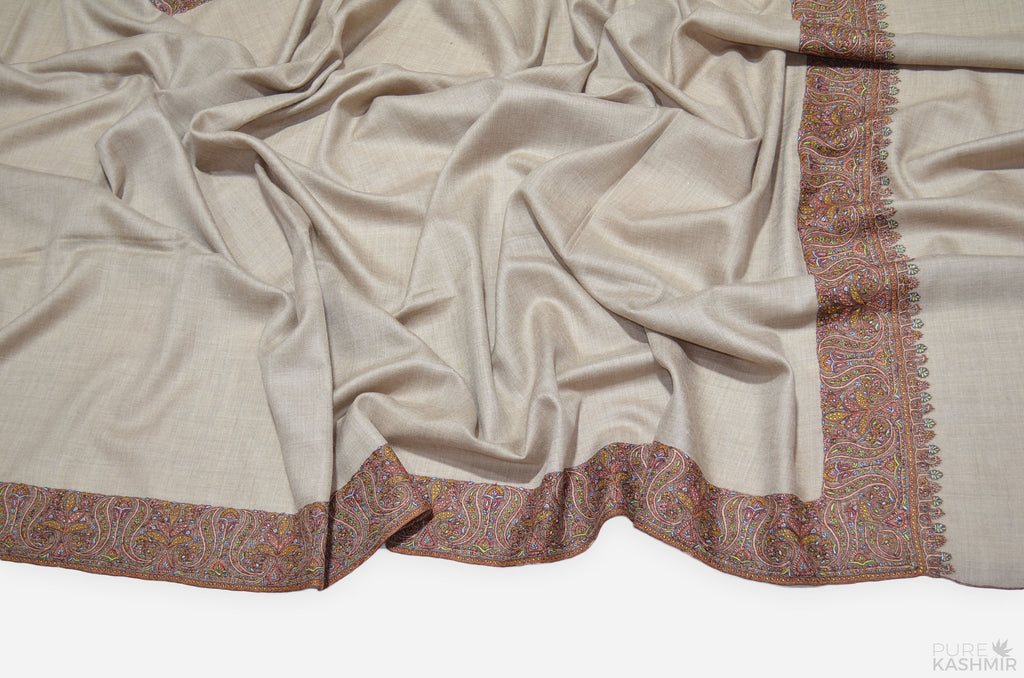 Un-dyed Natural Brown Cashmere Pashmina Shawl with Intricate Big Border