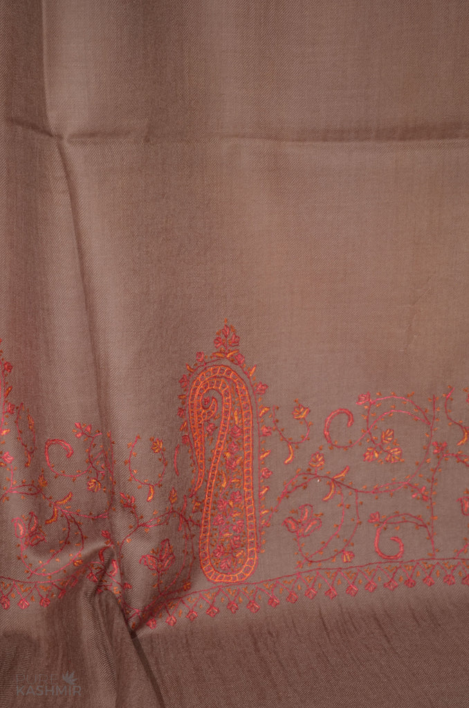 Brown Merino Sozni Hand Embroidery Scarf