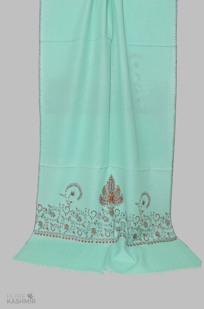 Sea Green Merino Sozni Hand Embroidery Scarf