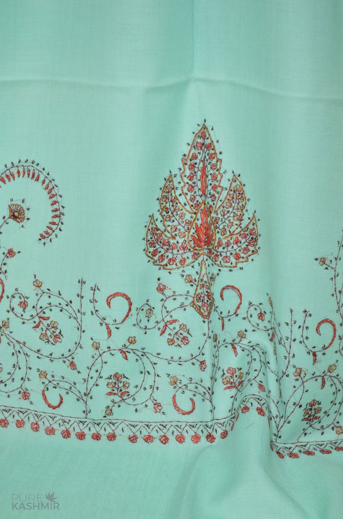 Sea Green Merino Sozni Hand Embroidery Scarf