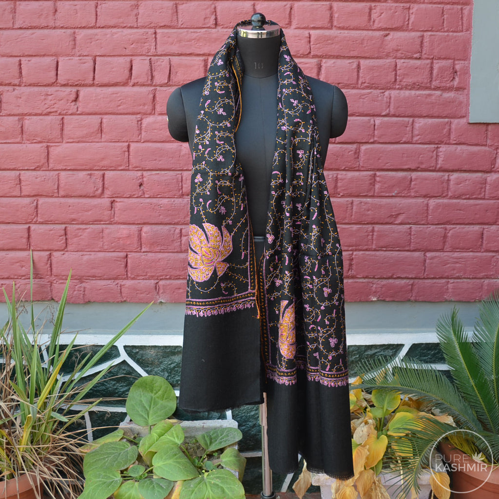 Black Kashmir Sozni Embroidery Wool Scarf