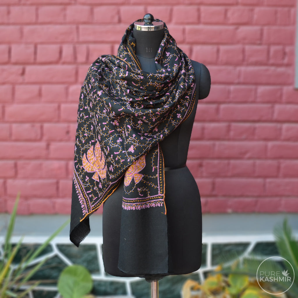 Black Kashmir Sozni Embroidery Wool Scarf