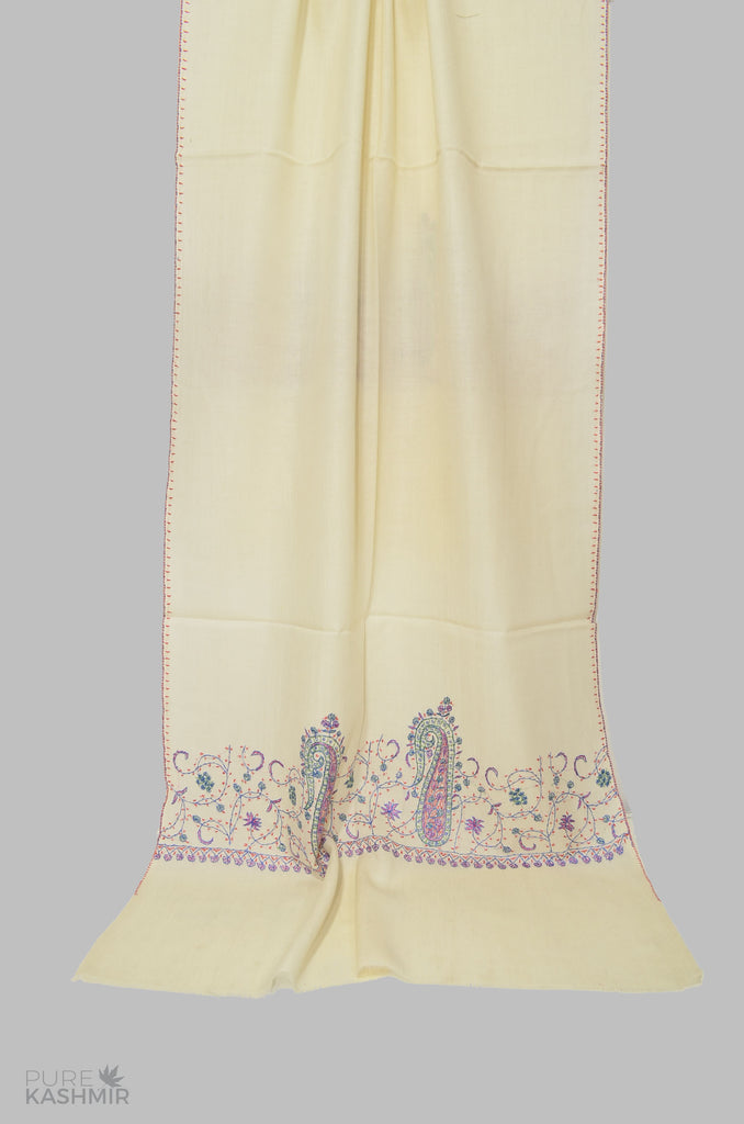 White Merino Sozni Hand Embroidery Scarf
