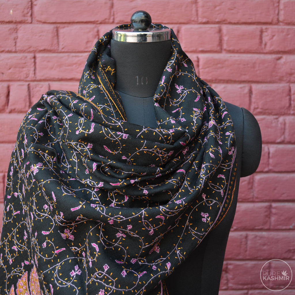 Black Kashmir Sozni Embroidery Wool Scarf