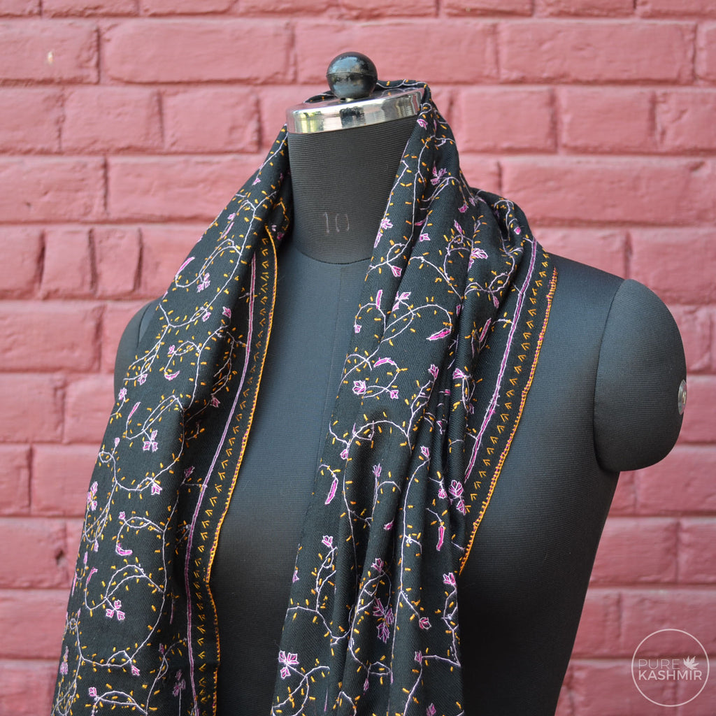 Black Kashmir Sozni Embroidery Wool Scarf