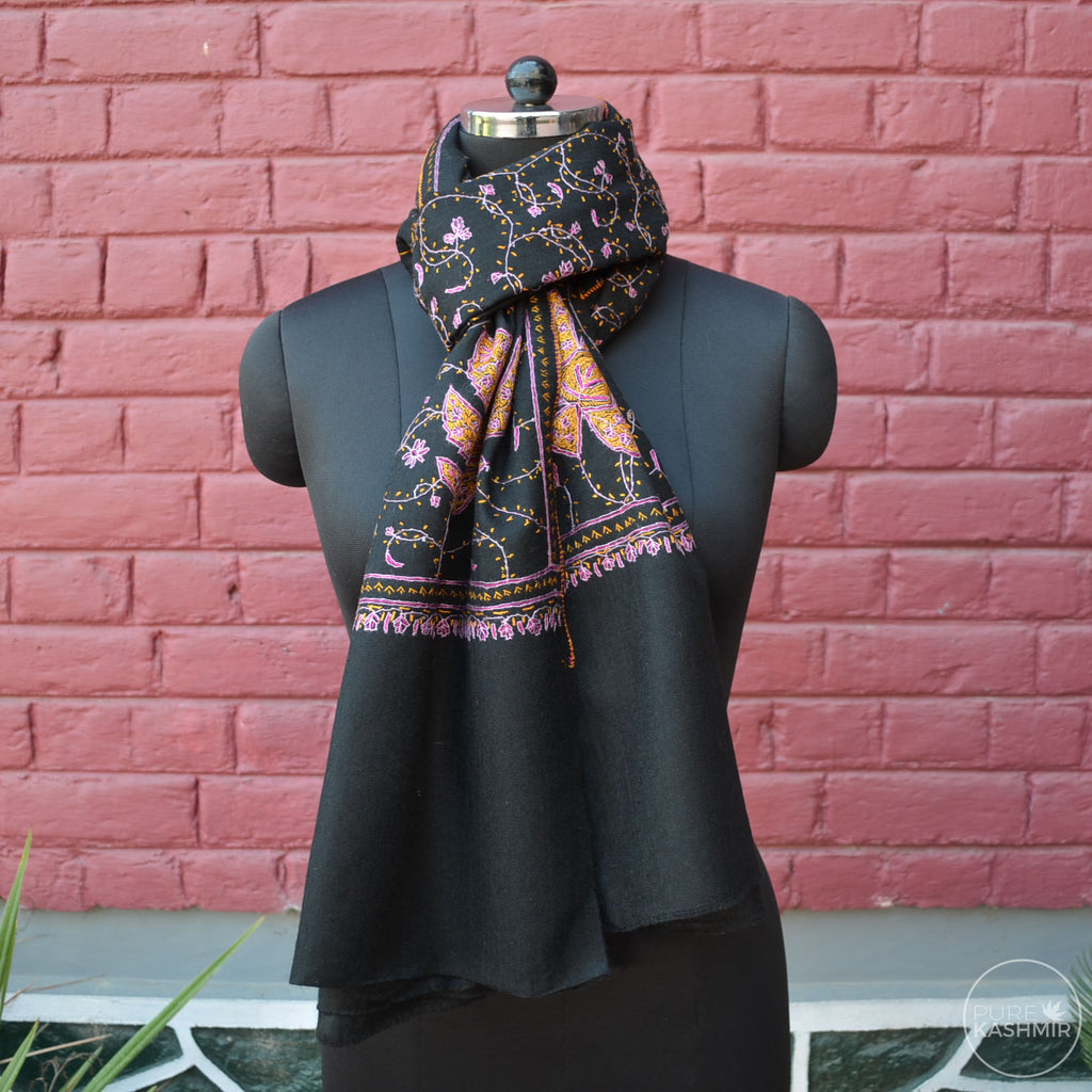 Black Kashmir Sozni Embroidery Wool Scarf