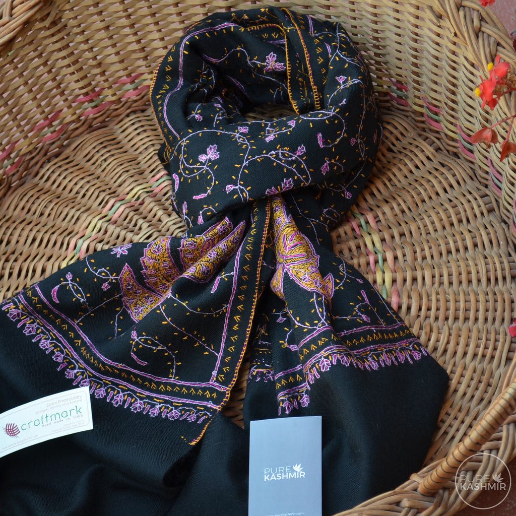 Black Kashmir Sozni Embroidery Wool Scarf