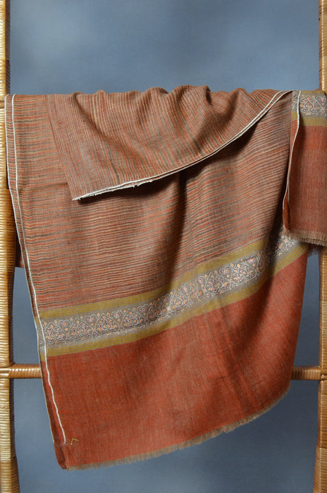 Rust Khadi Border Embroidery Cashmere Pashmina Shawl