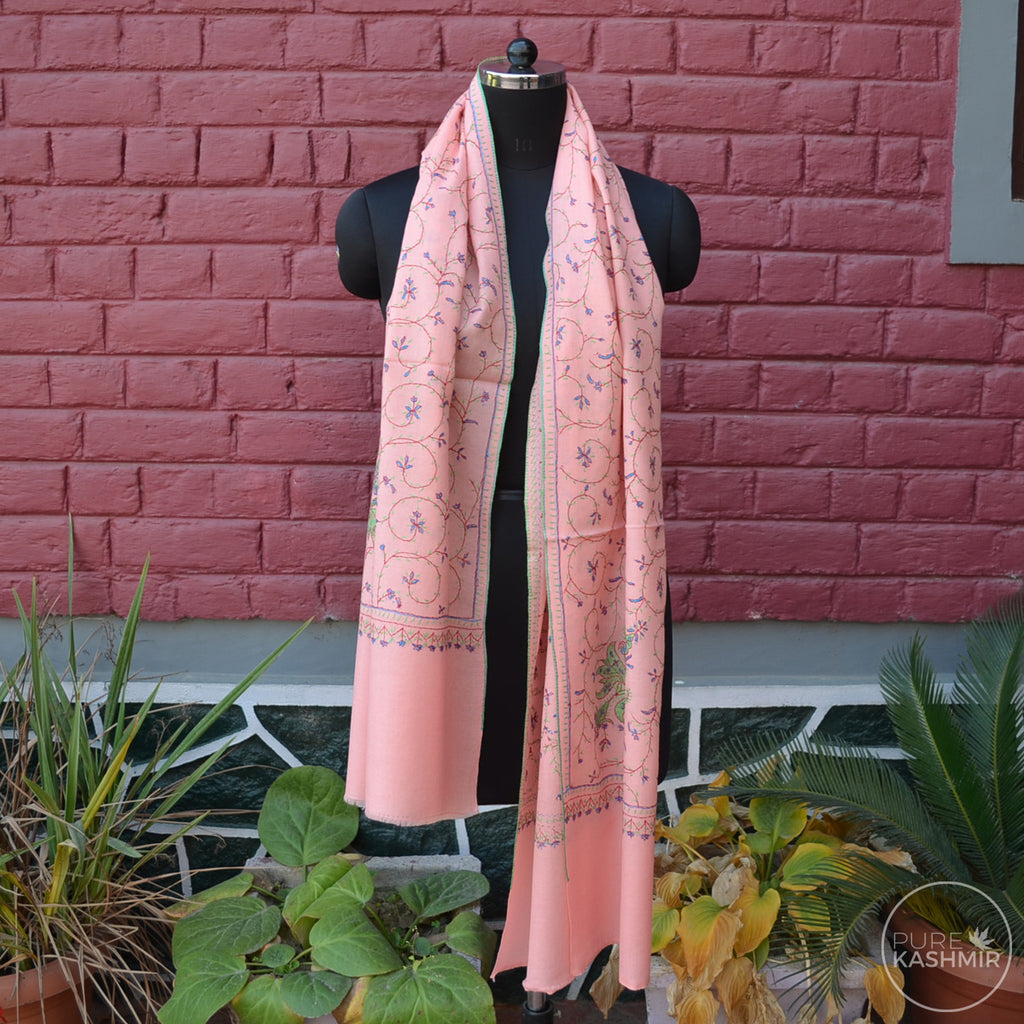 Peach Kashmir Sozni Embroidery Wool Scarf
