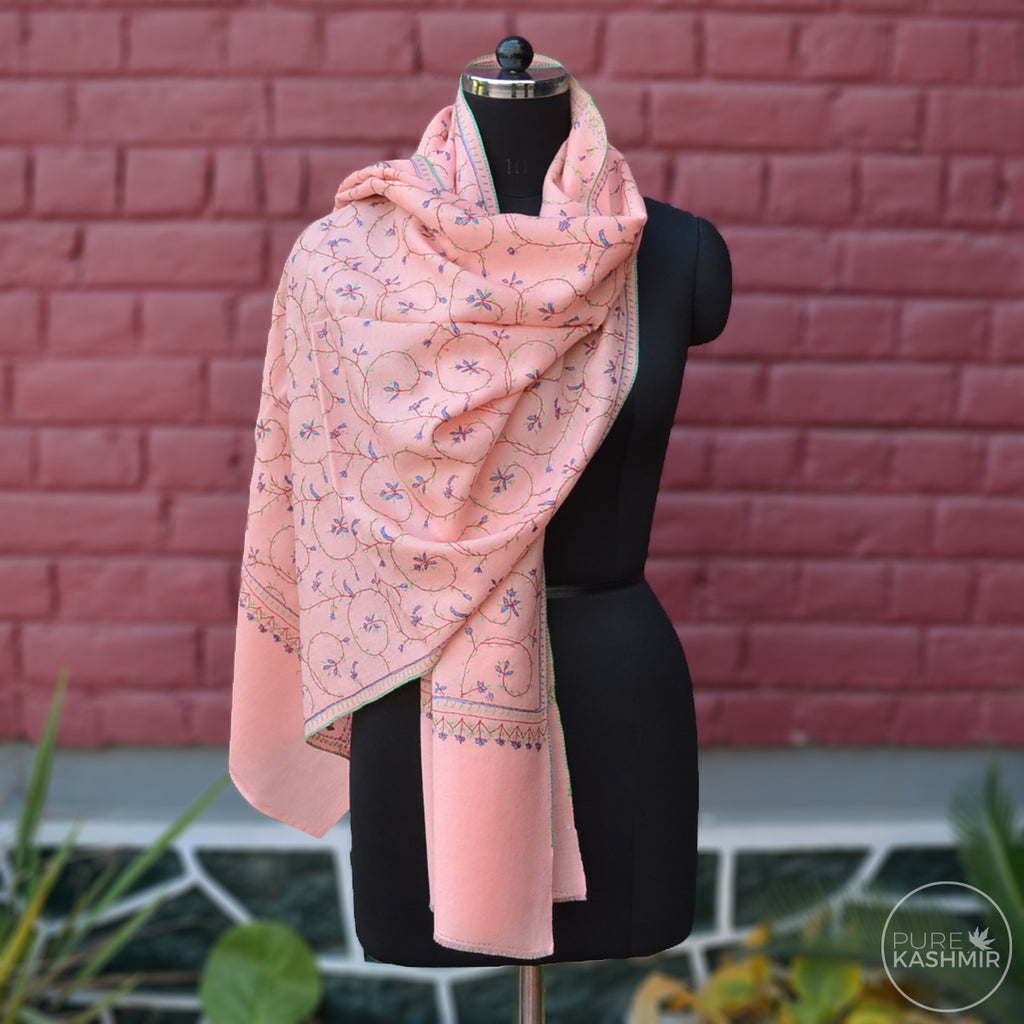Peach Kashmir Sozni Embroidery Wool Scarf