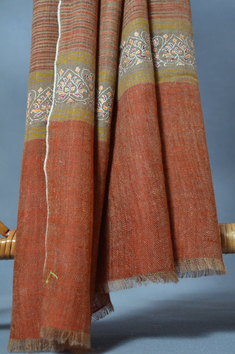 Rust Khadi Border Embroidery Cashmere Pashmina Shawl
