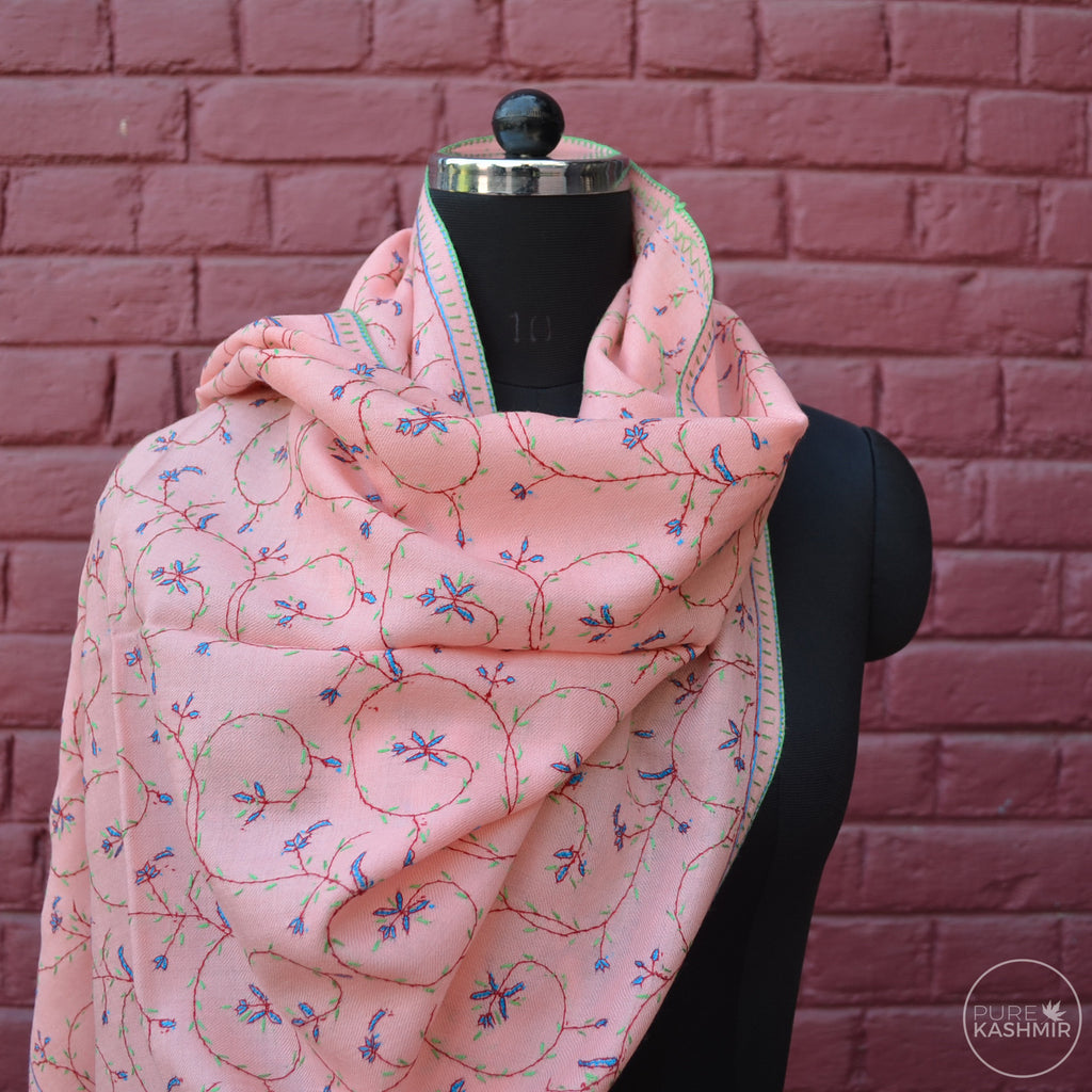 Peach Kashmir Sozni Embroidery Wool Scarf