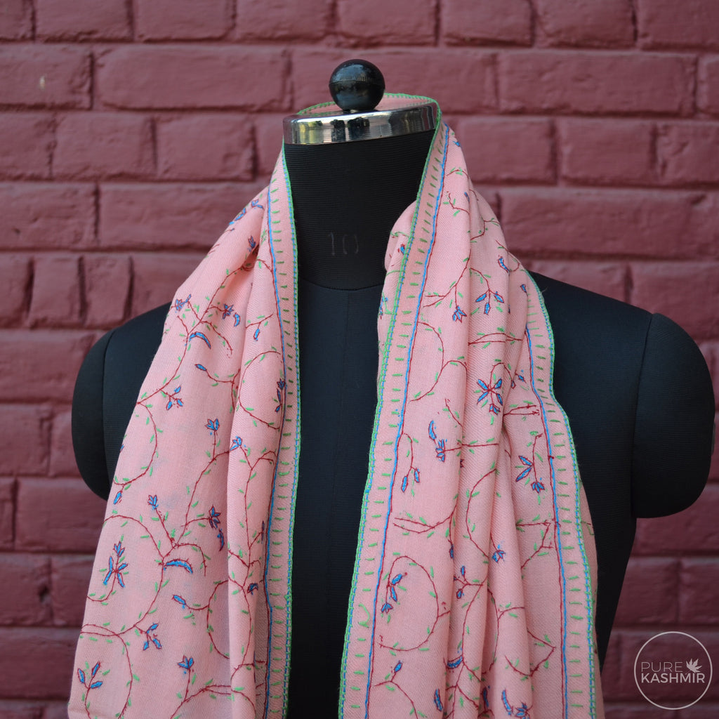 Peach Kashmir Sozni Embroidery Wool Scarf