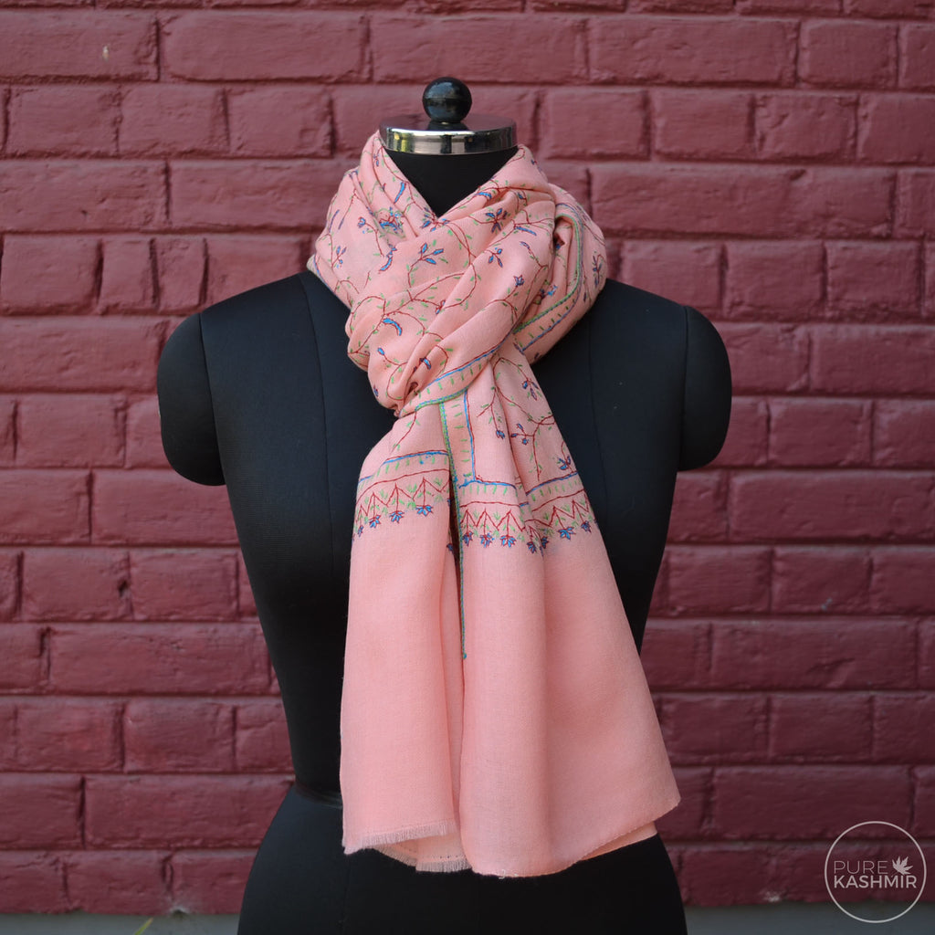 Peach Kashmir Sozni Embroidery Wool Scarf