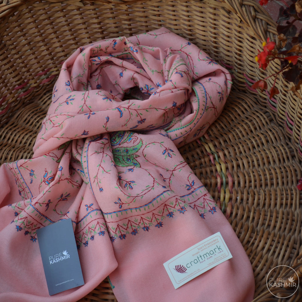 Peach Kashmir Sozni Embroidery Wool Scarf